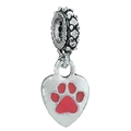 925 silver heart charm with red paw print enamel detail for DIY bracelets - S925 Heart Paw Print Pendant (006)