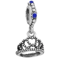 Crown bead pendant with hollow heart design and blue stones for DIY charm bracelet - Dark Blue Gem Loop Crown (033)