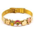 Goldenes Edelstahl-Mesh-Armband mit fünf bunten Emaille-Anhängern wie Obst und Essen - Goldenes Netzband - Emaille-Anhänger (DL001)