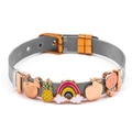 Regenbogen Ananas 10mm Edelstahl Mesh Armband mit roségoldenem Verschluss für Damen - Grau-Roségold Netzband - Emaille-Anhänger (DL003)