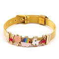 Golden mesh bracelet featuring rainbow candy, flamingo and unicorn enamel charms - Gold