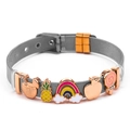 Verstellbares silbernes Mesh-Armband mit roségoldenen Anhängern wie Regenbogen und Ananas - Silber-Roségold Netzband - Emaille-Anhänger (DL004)