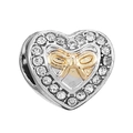 Silver heart charm with a golden bow center and sparkling cubic zirconia pavé border - Gold Bow Diamond Heart Style