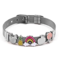 Edelstahl Mesh-Armband mit bunten Frucht- und Regenbogenanhängern auf weißem Hintergrund - Silbernes Netzband - Emaille-Anhänger (DL005)