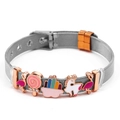 Adjustable silver mesh bracelet with rose gold flamingo and rainbow enamel charms - Silver With Rose Gold Parts