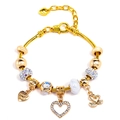 Gold snake chain charm bracelet with heart and swan pendants and purple beads - 16cm / Style 003