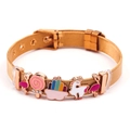 Rose gold mesh bracelet with colorful cartoon flamingo and rainbow charms for kids - Rose Gold