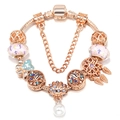 Rose gold charm bracelet with pink glass beads and sea shell pendants on white background - 16cm / Pink Murano Shell Artificial Pearl Style (001款)