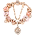 Rose gold snake chain bracelet with pink glass beads and double heart love pendants - 16cm / Pink Faceted Glass Heart Style (Style 002)