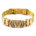 Gold stainless steel mesh bracelet with sparkling rhinestone heart and family charms - Gold Mesh Strap Heart Figure Style / Gold