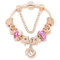 Rose gold snake chain bracelet with crystal charms, stars and safety chain on white base - 16cm / Rhinestone Star Heart Style (004款)