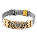 Adjustable stainless steel mesh bracelet with gold family charms and crystal hearts - Silver Mesh Gold Charm Style / Silver-Gold Mix