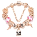 Bracelet maille serpent rose doré avec perles en verre roses, cœurs et pendentif cadenas - Sac à main avec cadenas Love et style cœur ajouré (Modèle 005)
