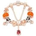 Silver plated DIY charm bracelet with orange amber beads and Mom heart pendant charms - 16cm / Mother's Day Theme Heart & Orange Amber Bead (Style 004)