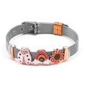 Adjustable stainless steel mesh bracelet with pink ladybug and sunflower charms - Rose Gold and Gray (DL004)