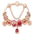 Rose gold snake chain bracelet with heart charms and red glass beads on white background - 16cm / Red Gold-Flecked Glass Bead & Cute Animal Style (Style 003)
