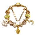 Golden crown and clover charm bracelet with yellow beads on snake chain - Gold Tone Four-Leaf Clover Crown Moon Style (Model 002) / 16cm