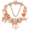 Rose gold dreamcatcher bracelet with pink charms and stars on a white background - 16cm / Dream Catcher and Tree of Life Style (Model 001)