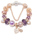 Elegant snake chain charm bracelet with purple faceted crystals and rose gold floral charms - 16cm / Rose Gold Purple Style (004)