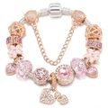 Rose gold snake chain bracelet with pink crystal beads and sparkling heart charms - Rose Gold Pink Flower Style (005)