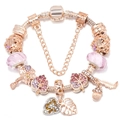 Rose gold feather and leaf charm bracelet with pink glass beads and safety chain - Rose Gold Maple Leaf Style (010)