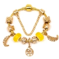 Golden snake chain bracelet with Tree of Life, yellow beads and feather pendants - Golden Fortune Pig (Style 007)