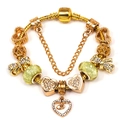 Gold-plated DIY charm bracelet with green beads and heart-shaped pendant on snake chain - Gold Bow Heart Style (Model 009)