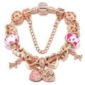 Rose gold snake chain bracelet with pink crystal beads and heart-shaped Mom pendants - Rose Gold Mom Style (013)