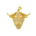 Macro detail of bull head pendant with pink and clear zircon in 18K gold plating - Pink Clear Zirconia Bull Head Pendant (D592-4)