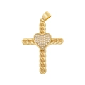 Detailed close-up of golden heart cross pendant with micro-pave cubic zirconia - Heart Cross Style (D153B)