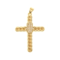 Macro detail of golden textured cross pendant featuring a zircon encrusted Hamsa Hand - Hamsa Hand Style (D166A)