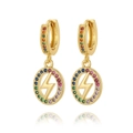 Detail of gold dangle earrings featuring a lightning bolt charm with multicolor zircons - Lightning Style (EP38-3)