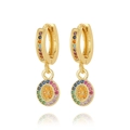 Detail of gold hoop earrings with sparkling rainbow cubic zirconia in a circular design - Colorful Round Disc Style (EP31-3)