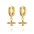 Golden huggie earrings with turtle charms and multicolored rainbow cubic zirconia crystals - Bird Style (EP31-2)