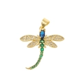 Golden dragonfly pendant with blue and green gemstones and crystal wings on white background - Blue Green Main Stone Dragonfly Style (D725)