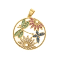 Golden dragonfly and butterfly pendant featuring colorful micro-pave crystals - Hollow Floral Animal Round Style (D409)