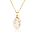 Detailed close-up of 18K gold plated egg pendant with white enamel and sparkling zircons - White (D954)