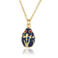 Detailed close-up of 18K gold-plated egg pendant with blue enamel and floral patterns - Dark Blue