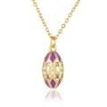 Detailed macro view of purple enamel egg pendant necklace with gold chain and crystals - Purple