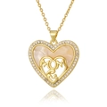 Macro shot of gold heart necklace with MOM lettering and mother-child silhouette detail - Heart MOM Mother Child Style (D1011-8)
