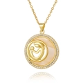 Macro detail of gold-plated mother and child pendant with shimmering mother of pearl inlay - Round Shell Line Mother and Child Style (D1011-11)