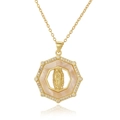 Gold Virgin Guadalupe necklace with hexagon frame, mother of pearl inlay and zircons - Hexagon Shell Virgin Mary Style (D1011-20)