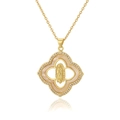 Detail of clover necklace with pink mother-of-pearl and gold Virgin Mary pendant - Clover Shell Virgin Mary Style (D1011-19)