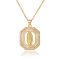 Macro detail of gold Mother Mary pendant with zircon pavé and pearl shell inlay - Octagon Shell Virgin Mary Statue Style (D1011-17)