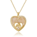 Detail of gold heart pendant featuring a mother and child embrace with sparkling zircons - Large Heart Mother Child Hug Style (D1011-16)