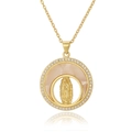 Detail of gold Virgin Mary pendant with white zircon halo and pink shell inlay - Double Ring Virgin Mary Relief Style (D1011-14)