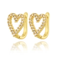 Exquisite 18K gold plated heart huggie earrings with cubic zirconia stones on white base - Hollow Heart Gold Style (E-1031 Gold)