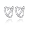 Detailed view of silver heart earrings with micro-paved cubic zirconia stones and mirror reflection - Hollow Heart Silver Style (E-1031 Silver)