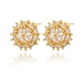Close-up of 18K gold plated geometric drop earrings with sparkling cubic zirconia - Geometric Hollow Sphere Studs (CXE-1034)