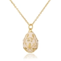 Golden Faberge style egg pendant necklace with white enamel and sparkling zircon stones - White